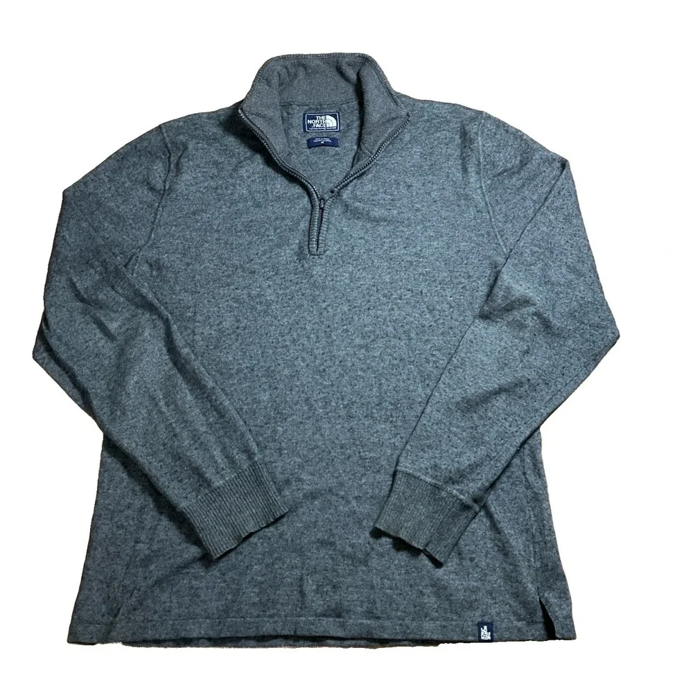 The North Face Sweater Mens Size Large Gray Quarter Zip Cotton Wool Nylon